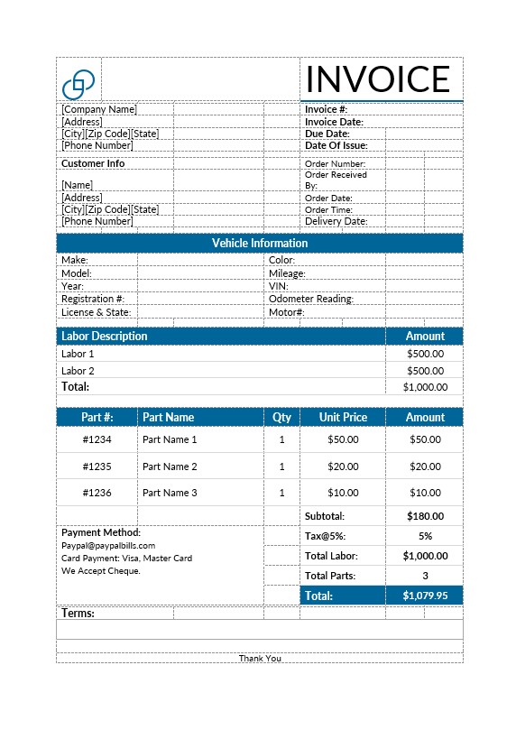 Auto Repair Service Invoice Template PSD template